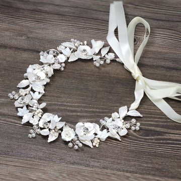 Swarovski Crystal Faux Pearls White Floral Vine Leaves Cascade Wedding Headband, Bridal Rhinestone Hair Vine, Statement hair accessories.